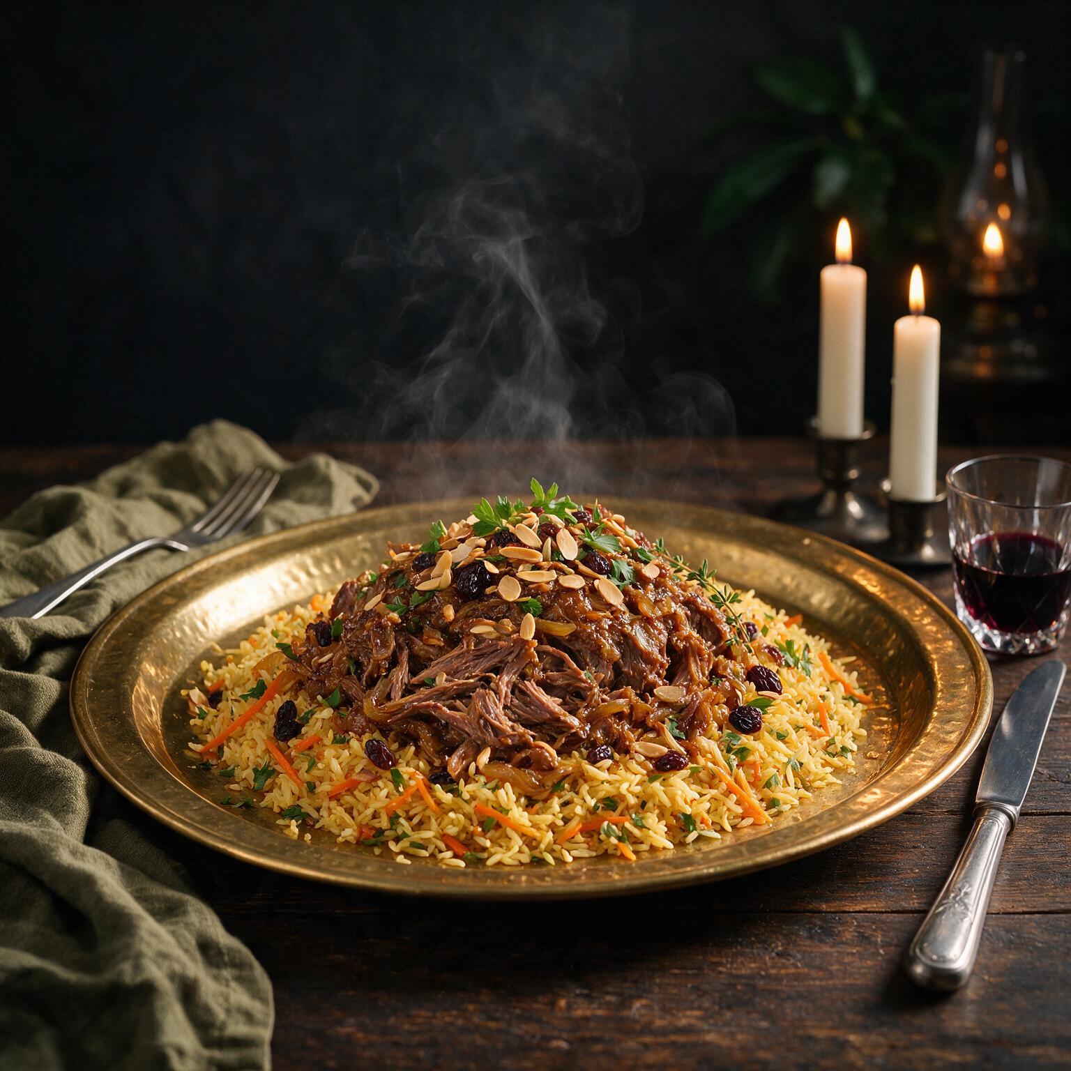 Slow cooked lamb and rice platter with almonds and herbs on a hammered brass tray