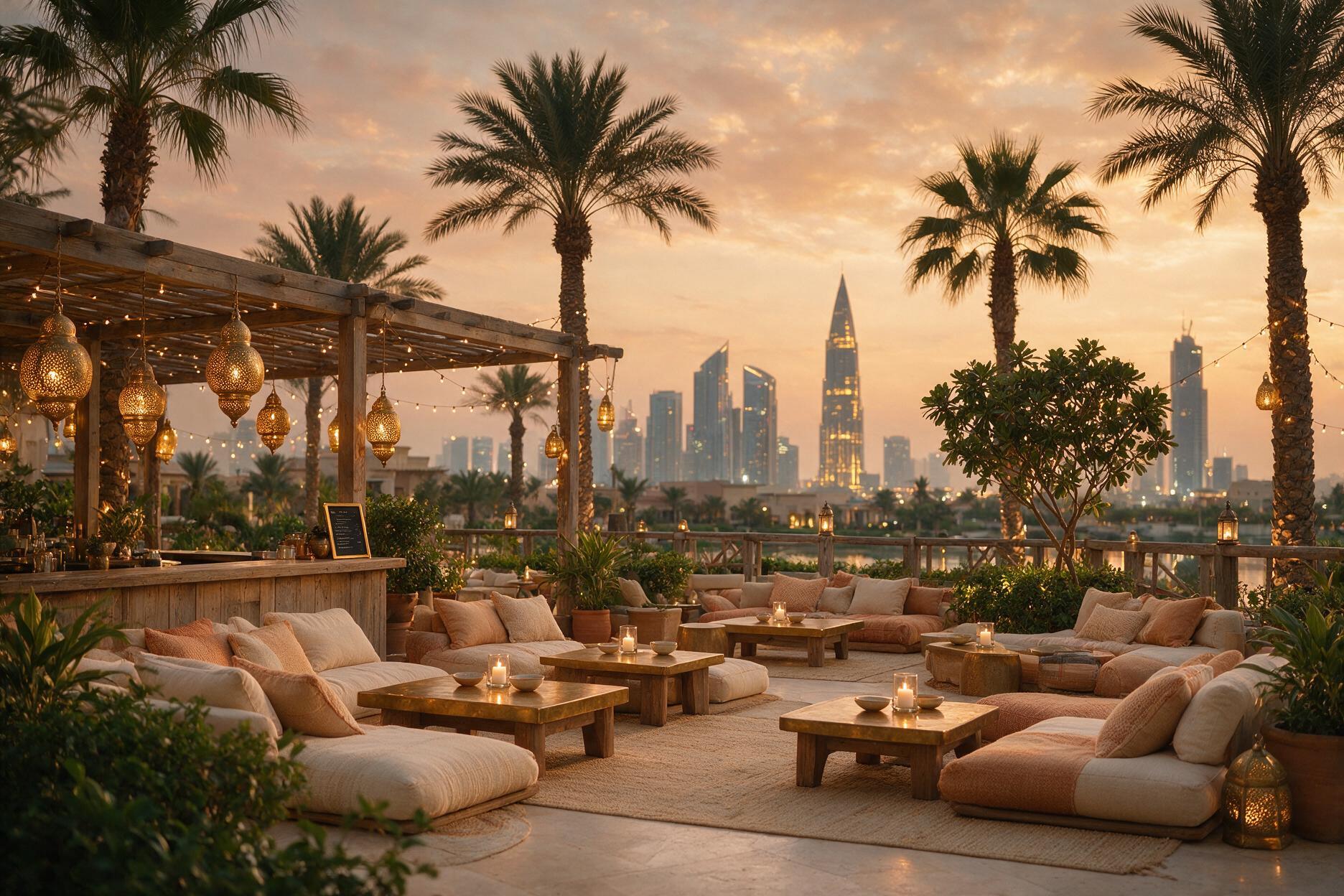 Outdoor terrace with low cushioned seating, lanterns and palm trees at dusk