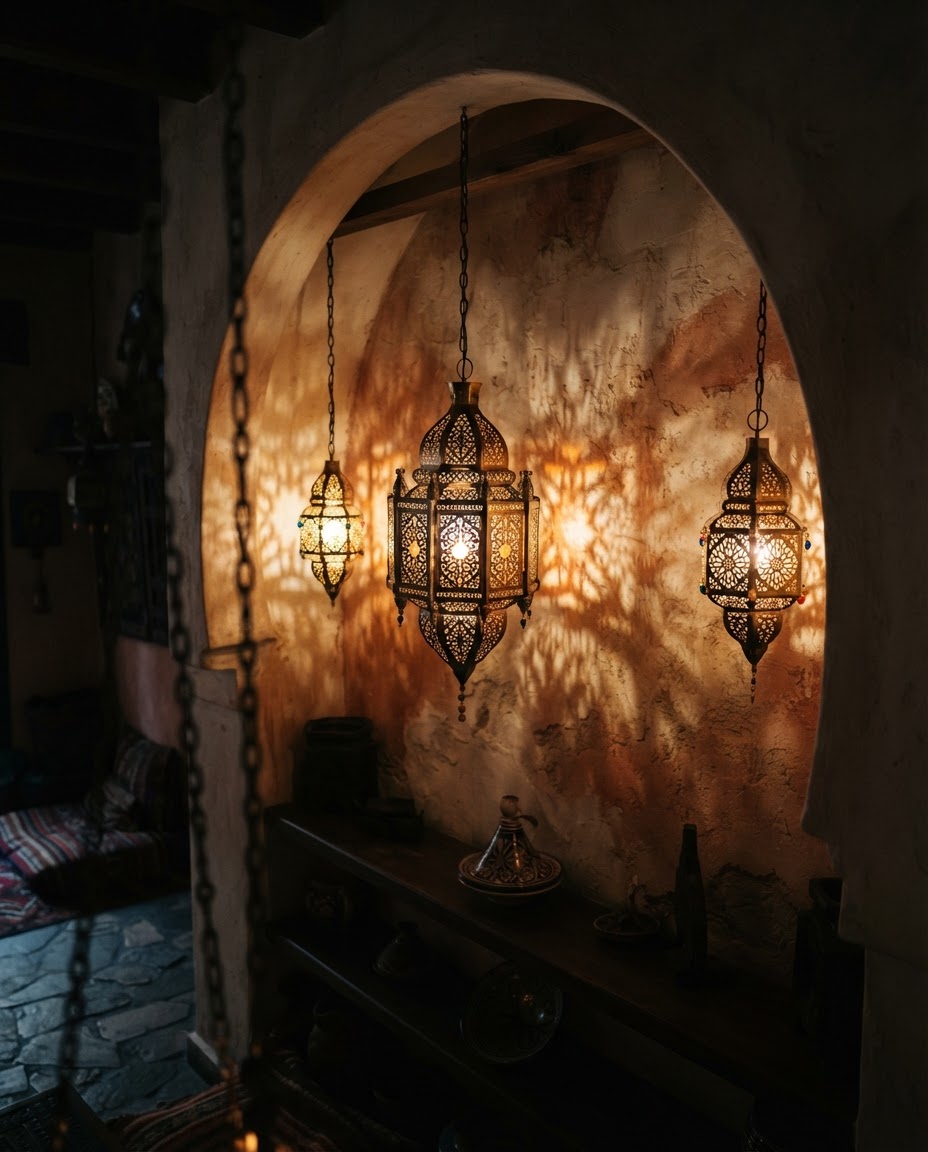 Pierced brass lanterns glowing against a textured plaster wall
