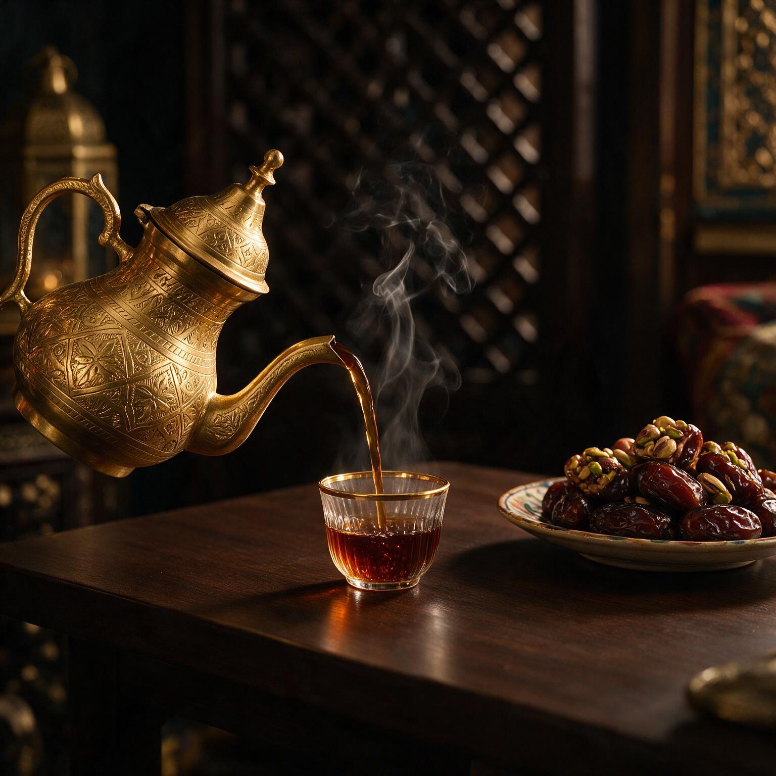 Tea being poured from an ornate brass pot into a small gold rimmed glass