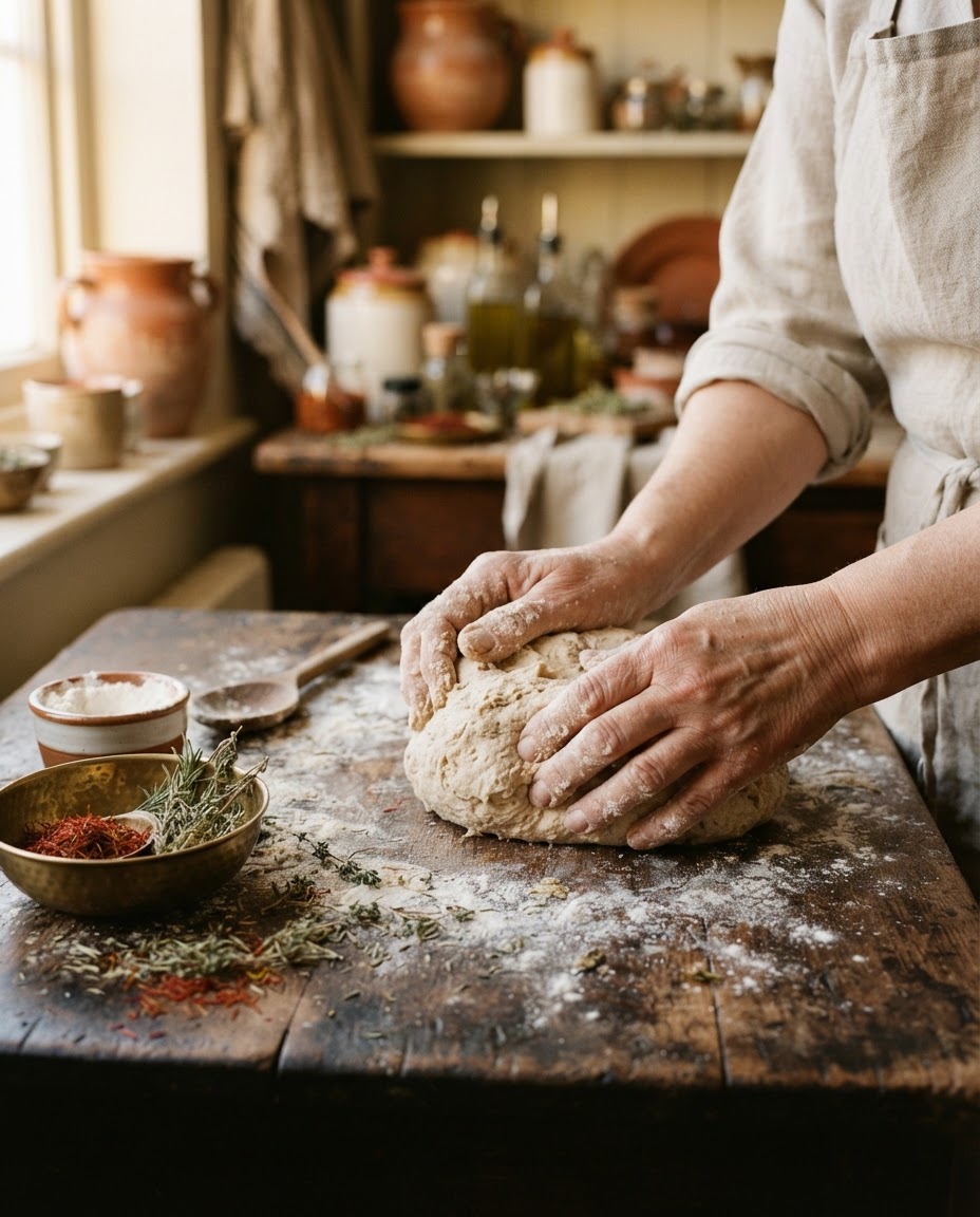 Hands shaping dough on a wooden table beside brass bowls of spices