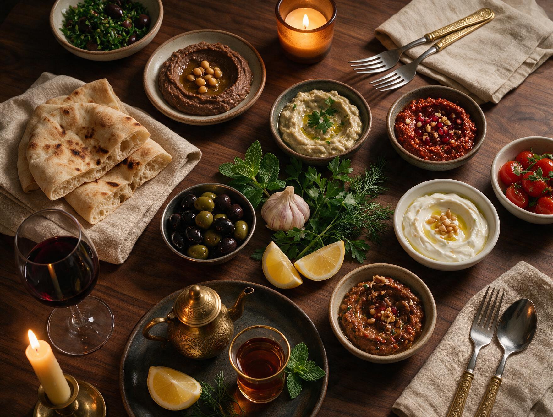 Table spread with small bowls of dips, olives, flatbread and fresh herbs